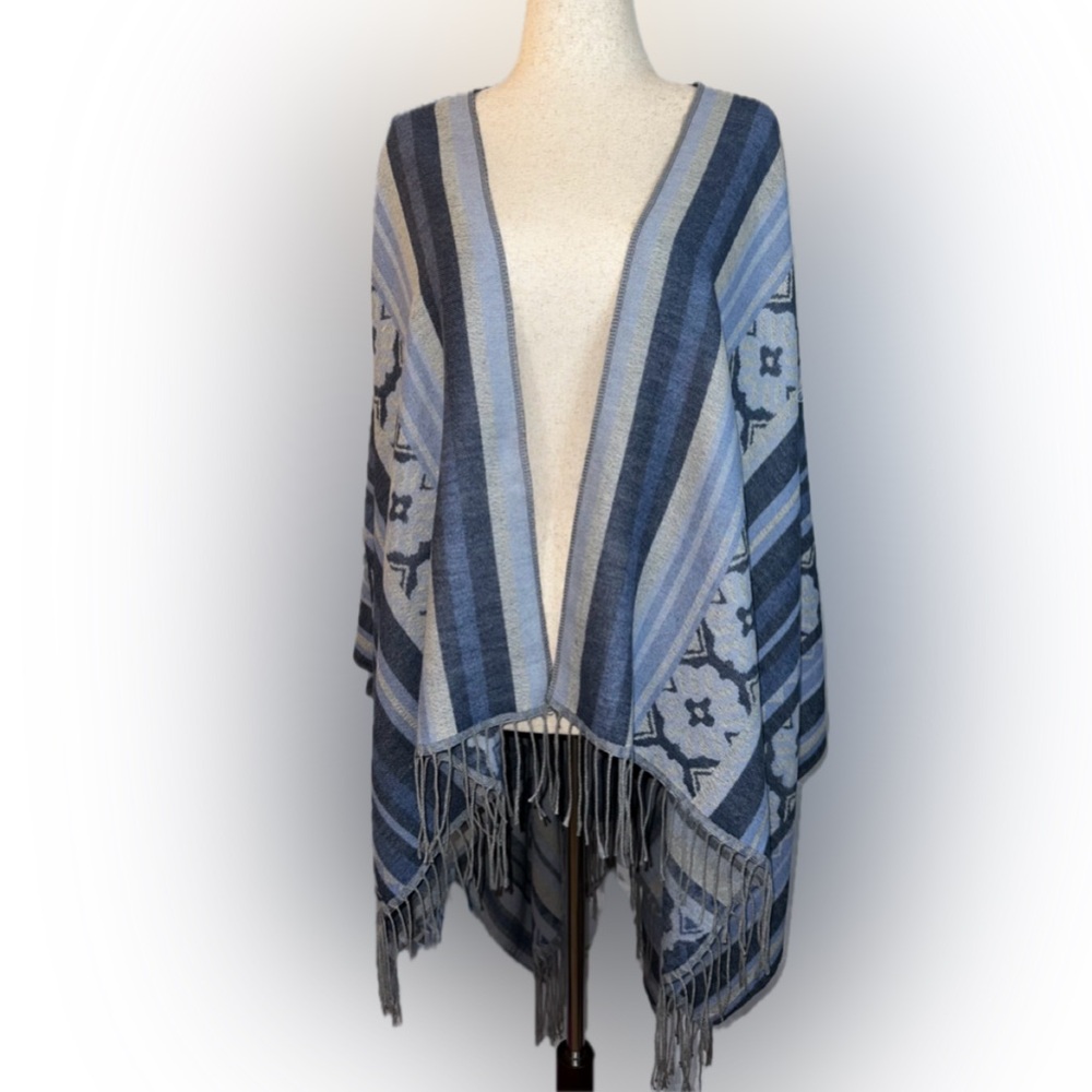 Elegant Soft Blue and Gray Striped Wrap Shaw with fringe